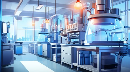 A detailed paper composition of a biotechnological lab scene with geometric equipment, capturing the essence of scientific creativity. Illustration, Minimalism,
