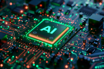 Obraz premium Artificial Intelligence Computer Chip Semiconductor, Green AI Machine Learning Hardware Concept