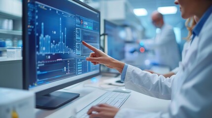 Scientist pointing at a screen displaying various medical research data and statistics in a high-tech lab environment.