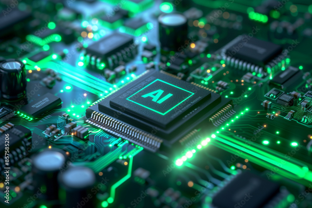 Wall mural artificial intelligence computer chip semiconductor, green ai machine learning hardware concept
