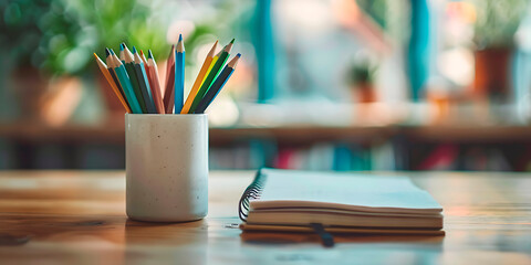 A white pencil holder with a bunch of colored pencils sits on a wooden table next to a notebook