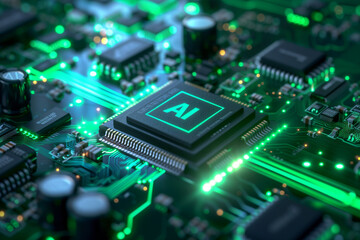 Artificial Intelligence Computer Chip Semiconductor, Green AI Machine Learning Hardware Concept