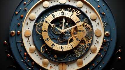 An intricate paper design of a molecular clock with geometric shapes, illustrating the precision and timing in biotechnological processes. Illustration, Minimalism,