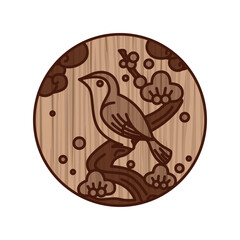 木彫り風円形シンプル花札　鶯　如月　梅　2月　梅に鶯