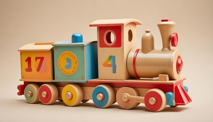 Wooden locomotive toy with numbers on beige background 6