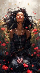 A woman with messy hair listening to music completely free in the moment in a field of flowers.