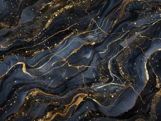Fototapeta premium Dark marble background with golden and white streaks forming abstract patterns, resembling waves and veins. Gold flecks and glitter add a luxurious touch.