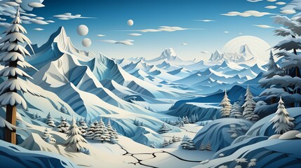 A serene paper art depiction of a mountain pass, with paper hikers, paper peaks covered in snow, and detailed paper valleys, showcasing the majestic beauty of the mountains. Illustration, Minimalism,