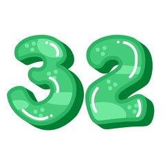 Green number 32 thirty two vector illustration isolated on white background, cute colorful cartoon number 32
