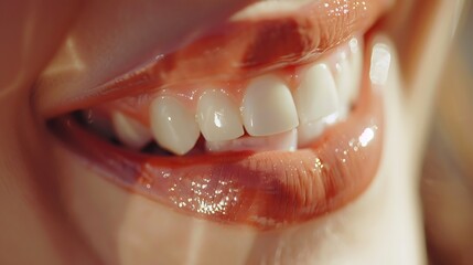 Close-up of a Smiling Woman's Mouth with Glossy Lips