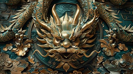 Fototapeta premium Intricate Gold Dragon Sculpture, Generative AI