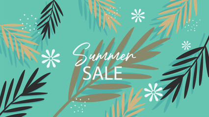 An elegant summer sale banner with a green background vector and abstract tropical leaves and white floral accents.The text "Summer Sale" is in the center.