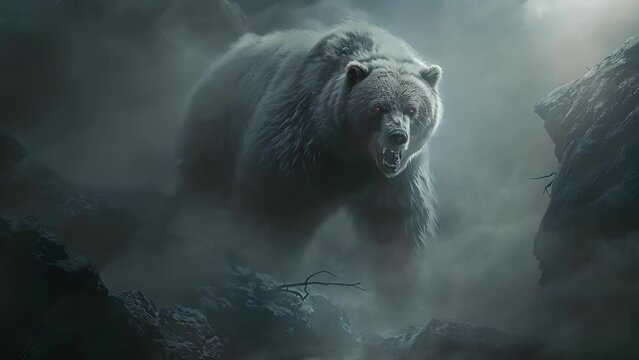 In the midst of a thick fog a translucent bear with piercing red eyes stands guard at the entrance of a haunted cave its ghostly growls filling the air.