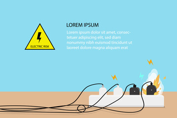 Electric risk burn. Overload plug in power outlet in. caution and warning Danger electricity illustration vector EPS 10. 