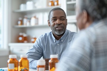 A middle-aged African American male pharmacist discussing medications with an elderly patient, both sitting at a table with medication bottles.