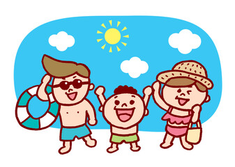 夏休みに海へ海水浴に出かける家族