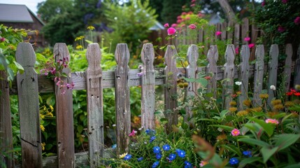 Wooden house fence style with plant flower park yard.