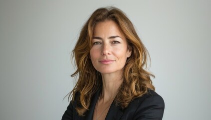 Naklejka premium With grace and professionalism, the 35-year-old executive presents the product in the studio, her demeanor exuding confidence and elegance against the pristine white background.