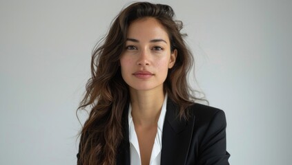 Obraz premium With understated charm, the 35-year-old businesswoman presents the product in the studio, her gestures subtle yet compelling against the minimalist white background