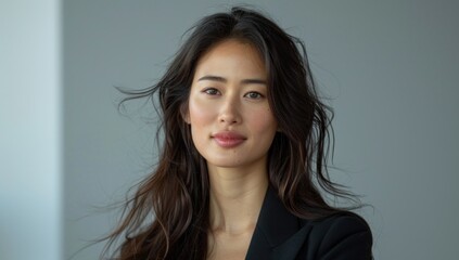 Fototapeta premium With precision and poise, the 35-year-old executive presents the product, her gestures deliberate against the clean studio backdrop, exuding confidence and expertise.