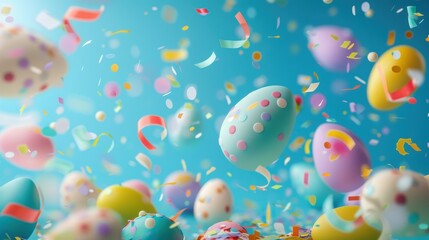 Fototapeta premium Easter eggs falling through the air with confetti