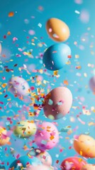 Fototapeta premium Easter eggs falling through confetti