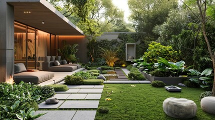 Fototapeta premium Modern garden with minimalist design, featuring clean lines, zen elements, and lush greenery