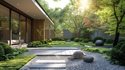 Obraz premium Modern garden with minimalist design, featuring clean lines, zen elements, and lush greenery
