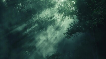 Mystical fog enveloping a dark forest, with eerie light filtering through the trees
