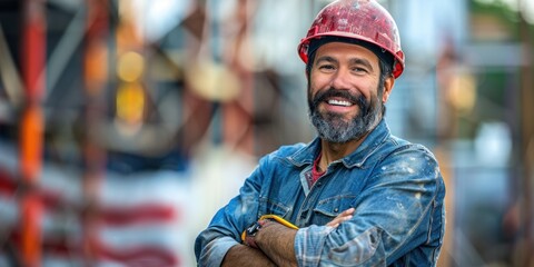Obraz premium Middle Eastern male construction worker in a hard hat and work clothes, smiling with arms crossed at an outdoor construction site.