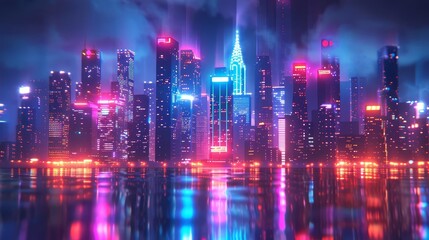 Neon skyline with vibrant lights and futuristic buildings, illuminating the night cityscape