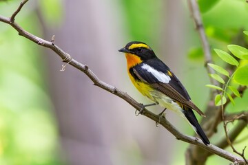 A close-up shot of a migrating Narcissus flycatcher (Ficedula narcissina) perching on a tree branch in a forest, blurred green background, in coastal Jiangsu, China