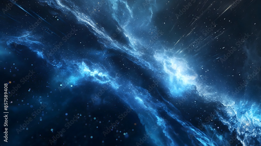 Poster 2. create a cosmic abstract background featuring shades of blue, with dynamic neon rays, flashes of 