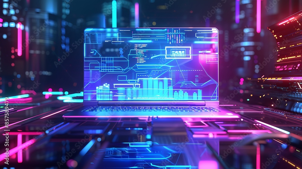 Aufkleber laptop with glowing digital interface on a futuristic background