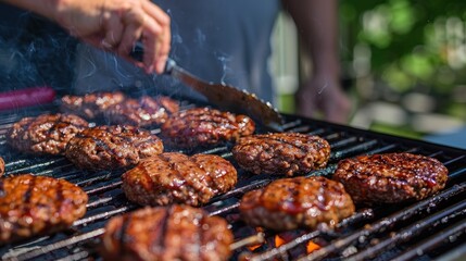 A man grilling burgers on an outdoor barbecue, with smoke rising from the grill as he cooks.