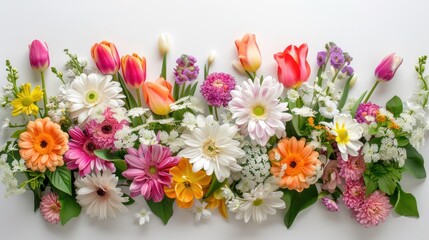 Blooming flowers and green leaves isolated on white background