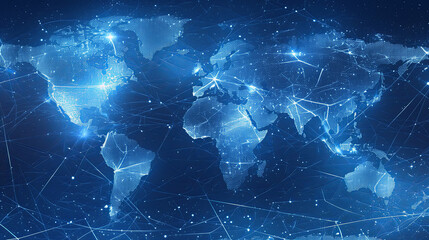 World Map with Glowing Digital Connections Between Countries and Cities, Representing Global Network, Connectivity, Technology, and Business Exchange on a Dark Blue Background