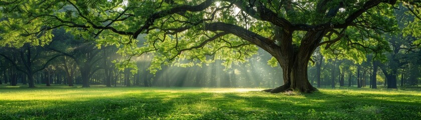 Fototapeta premium A large oak tree stands tall in a green forest. Sunlight filters through the leaves, creating a peaceful scene.