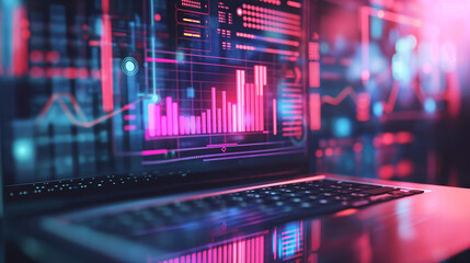 business financial data management system virtual display over a laptop, digital software technology 