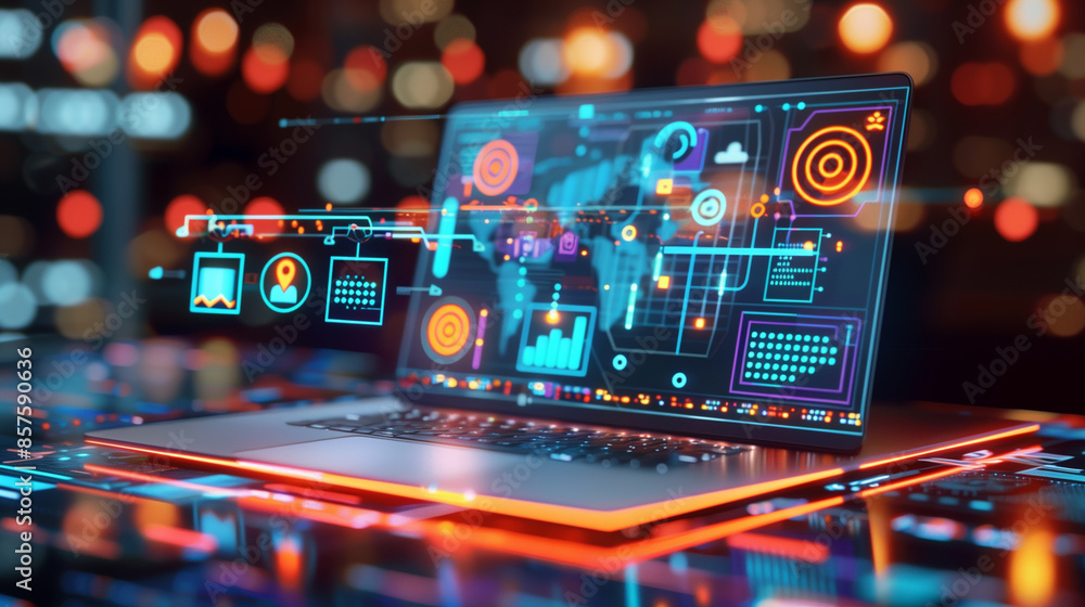Poster business financial data management system virtual display over a laptop, digital software technology