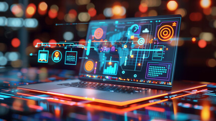 business financial data management system virtual display over a laptop, digital software technology 
