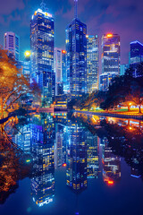 Fototapeta premium Urban Nightscape: A Glimpse into the Vibrant Life and Tranquil Moments of a Glowing Metropolis