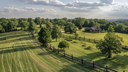 Fototapeta premium Aerial view of large cattle farm with green grass and wooden fence