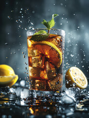Refreshing Citrus Ice Tea with Mint Splash Lemon and Ice Cubes in Clear Glass Captured in Mid Air at Night