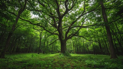 Fototapeta premium A majestic oak tree stands tall in a lush green forest, its branches reaching towards the sky. Sunlight filters through the leaves, creating a dappled pattern on the forest floor.