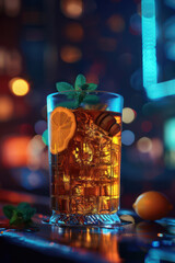 Refreshing Iced Tea with Lemon and Mint in a Dimly Lit Urban Setting, Perfect for Nightlife and Cozy Evenings Captivating Beverage Photography