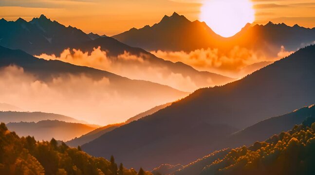 Timelapse of dawn breaking over mountain peaks, illuminating the landscape