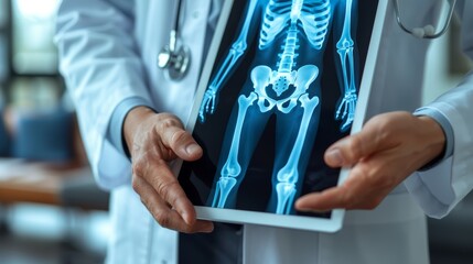 Doctor holding up an X-ray of a human skeleton, focusing on the hips and legs.