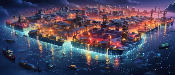 Obraz premium Digital Illustration of a Strategic Global Supply Chain Network with Shipping Routes, Distribution Hubs, and Key Markets in Isometric View