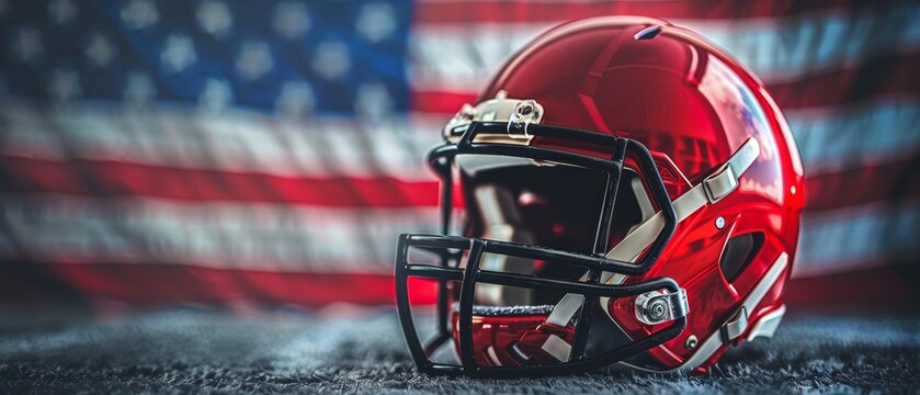 Football helmet with an American flag in the background.